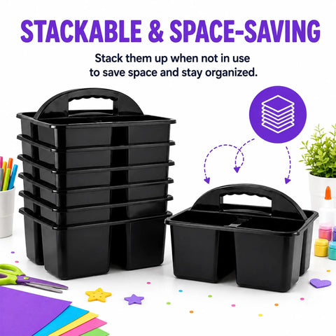 Stacked Six Pack Black Classroom Caddies With Three Compartment Plastic Storage Bins For Easy Desk Organization Perfect For Teachers