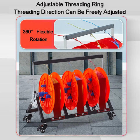 Heavy Duty Wire Spool Rack Dispenser with 1 2 3 4 5 Way Pay Off Holder for electrical and industrial use, showing adjustable threading.