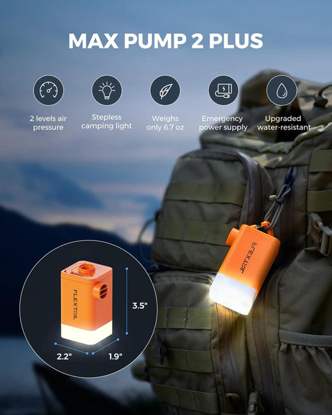 FLEXTAILGEAR portable orange air pump with LED light, 4800mAh rechargeable battery, mounted on backpack for inflatables.