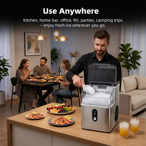 Man using Nugget Ice Maker Countertop With Fast 8 Minute Ice in modern kitchen, self-cleaning and quiet, ideal for parties.