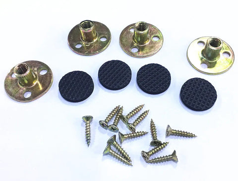 Four Inch Solid Rubber Wood Replacement Furniture Legs Set hardware components including metal plates and screws