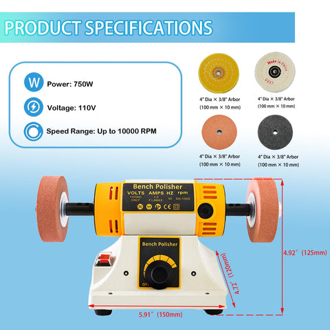 Bench Polisher And Buffer With Variable Speed For Metal Wood Jade Pro Polishing Machine 15 Piece Accessory Set