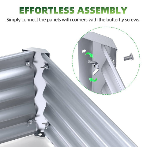 Easily assemble Raised Garden Bed 6x3x1 Foot Galvanized Metal Planter Box with butterfly screws as shown in silver corrugated panel.