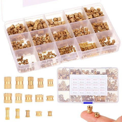 420 Piece Brass Threaded Inserts Set M2 M3 M4 M5 Heat Set Slotted Inserts for Electronics, Machinery, and 3D Printing Projects displayed in a case