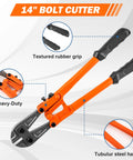 14-inch heavy-duty bolt cutter with textured rubber grip and tubular steel handle, part of 3 Piece Bolt Cutter Pliers Set With 14 Inch Heavy Duty Bolt Cutter, 8 Inch Mini Cutter And 8 Inch Wire Rope Cutter In Storage Bag, CR V Steel Blades For Chains Locks Barbed Wire
