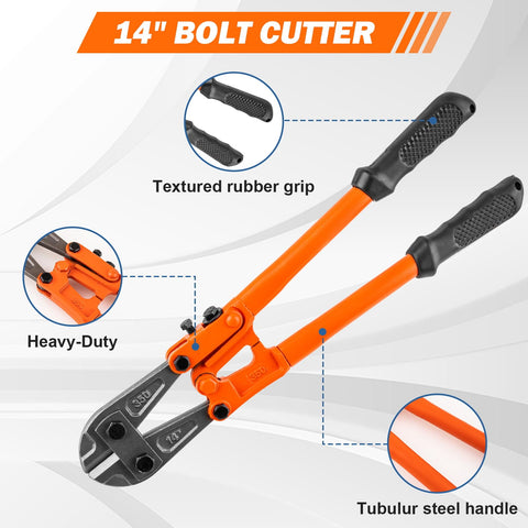 14-inch heavy-duty bolt cutter with textured rubber grip and tubular steel handle, part of 3 Piece Bolt Cutter Pliers Set With 14 Inch Heavy Duty Bolt Cutter, 8 Inch Mini Cutter And 8 Inch Wire Rope Cutter In Storage Bag, CR V Steel Blades For Chains Locks Barbed Wire