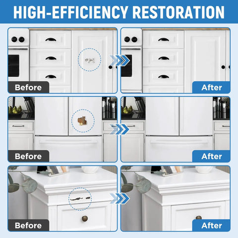 High Gloss White Acrylic Touch Up Paint Pen Brings Slick High Gloss Shine For Knocking Out Scratches On Cabinets Wood Walls Doors Metal Appliances And Furniture Smooth As Butter Before and After Restoration Images