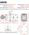 Technical diagram of Rugged Seven Eighths Inch 3-Position Key Switch With DPDT 2NO, 10 Amp 690V, 22mm Panel Mount.