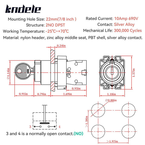Technical diagram of Rugged Seven Eighths Inch 3-Position Key Switch With DPDT 2NO, 10 Amp 690V, 22mm Panel Mount.