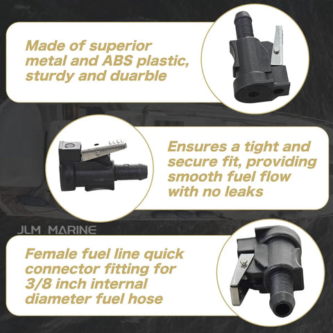 Image of Three Eighths Inch Fuel Line Connector for Outboard Motors, showing metal and ABS plastic construction.