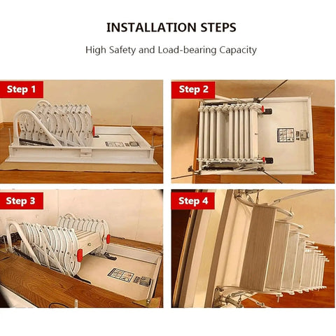 Installation steps for Game Changer Electric Attic Ladder Pull Down Design With Comfort Grip Armrests For Effortless Ceiling Access.