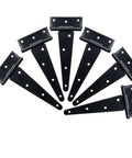 Set of 6 black wrought iron 8 Inch T Strap Barn Door Hinges Heavy Duty Gate Hinge Set, rustproof design against white background