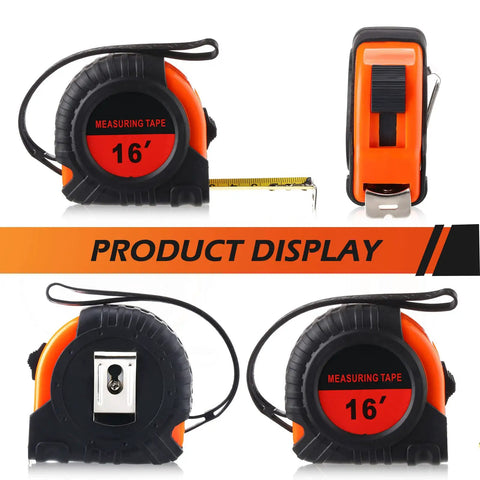 Fifteen Pack 16 Foot Retractable Tape Measures With Easy Read Fractions 1/8 In Orange Case, front and side views