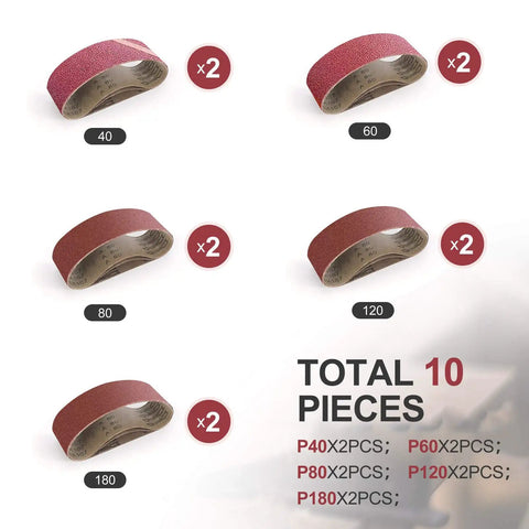 Assorted sanding belts, grits 40 to 180, shown in packaging. Compatible with 7 Amp 3x21 Inch Belt Sander With Variable Speed 120 To 400 RPM Dust Bag 2 In 1 Bench And Belt Sander Includes 2 Metal C Clamps 10 Ft Power Cord And 2 In 1 Vacuum Adapters For Easy Dust Cleanup Workhorse.