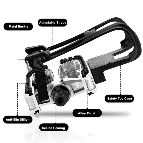 Heavy Duty Bike Pedals With Toe Cages And Straps Nine Sixteenth Inch Spindle For Outdoor Cycling And Indoor Spin Bikes Aluminum Alloy Replacement Pedals For Multi Purpose Use showing metal buckle, adjustable straps, and alloy design.