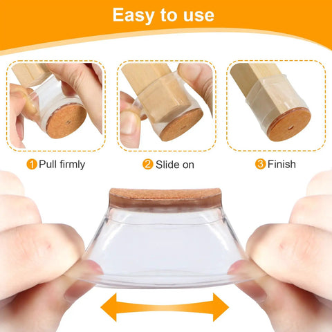Illustration showing clear Thirty Six Pack Chair Leg Floor Protectors For Hardwood Floors being stretched over round furniture leg.