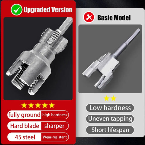 Comparison of upgraded and basic versions of pipe threader kit with 45 steel, showcasing fully ground blades and sharpness differences.