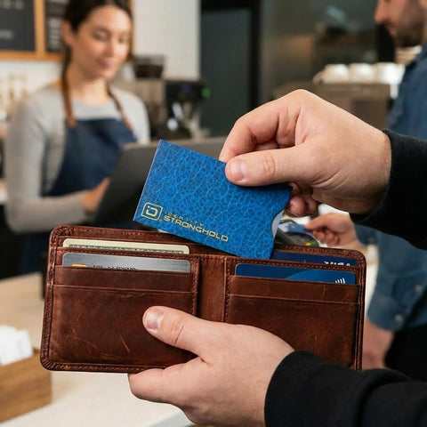 Slim RFID Blocking Card Sleeve Protectors For Credit Cards Debit Cards And ID Protection USA Made Leather Look Wallet Inserts Pack Of 16 Great For Everyday Security And Slim Carry Style With A Realistic Leather Look being used in a brown leather wallet