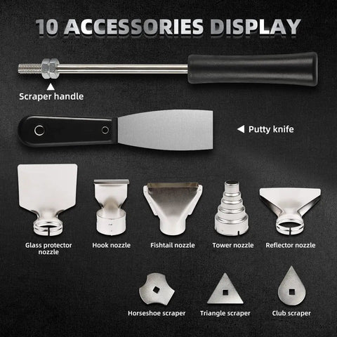 Hot Air Gun With LCD Display And Adjustable Temperature From 50 C To 600 C, 12.5 A, 10 accessories display with nozzles and scrapers