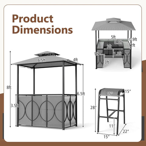 Outdoor Patio Bar Set With Grill Gazebo And Two Bar Stools, Three Piece Bar Table Set With Tempered Glass Bar Table dimensions