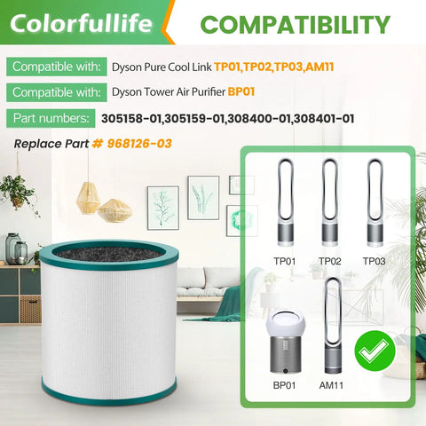 Replacement Air Purifier Filter For Tower Purifier Pure Cool Link TP01 TP02 TP03 BP01 Fits AM11 Purifiers 2 Pack Compare To Part 968126-03 displayed with compatibility list.