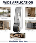 Heavy Duty Vertical Track Roller Wheels For Sliding Barn Doors, Rock Solid Anti Sag Bottom Caster, Smooth Rubber Glide Guide For Cabinets And Gates, Set Of Four displayed with applications for sliding and wardrobe doors.