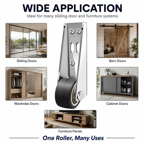 Heavy Duty Vertical Track Roller Wheels For Sliding Barn Doors, Rock Solid Anti Sag Bottom Caster, Smooth Rubber Glide Guide For Cabinets And Gates, Set Of Four displayed with applications for sliding and wardrobe doors.