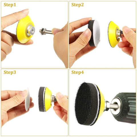 Steps to attach 2 Inch Sanding Discs Set With 425 Pieces And One Quarter Inch Round Shank Backing Pad Includes Soft Foam Buffers And Assorted Grit 40 To 3000 17 Grits With 25 Sheets Each For Auto Body Wood And Metal Sanding Needs to drill.