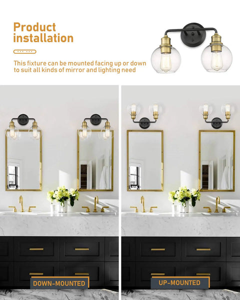 Two Light Bathroom Vanity Light Over Mirror With Clear Glass Shades Matte Black And Antique Brass Finish Farmhouse Wall Lights For Bathroom Industrial Rustic Modern Decor Upgrade KW-7221-2 shown in down-mounted and up-mounted options over mirrors