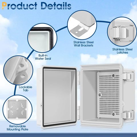 Heavy Duty Abs Plastic Junction Box With Ip67 Waterproof Shield And Dustproof Seal Features A Secure Hinged Lid Plus Wall Mount Brackets showing built-in water seal and stainless steel wall brackets.