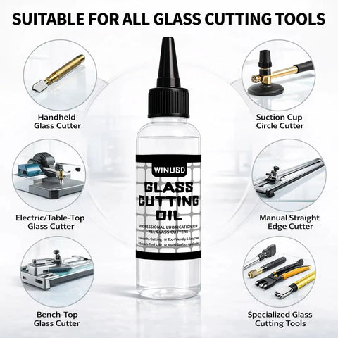 Pro Grade Glass Cutting Oil For All Cutting Tools; bottle with various glass cutters, ideal for clean scoring of stained glass and tiles
