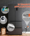 Three Outlet Refrigerator Surge Protector Wall Plug With Automatic Voltage Protection For Fridge AC And Washer 1800W 120V 15A shown with connected appliances.