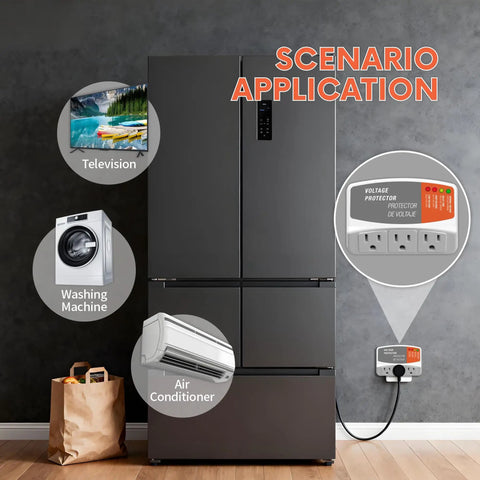 Three Outlet Refrigerator Surge Protector Wall Plug With Automatic Voltage Protection For Fridge AC And Washer 1800W 120V 15A shown with connected appliances.