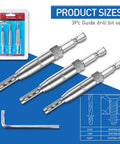 3-piece self-centering hinge drill bit set with 1/4 in hex shanks, HSS bits for hinge/lock openings (front view).
