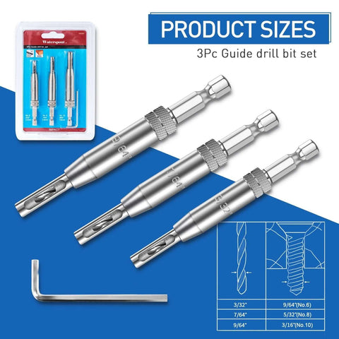 3-piece self-centering hinge drill bit set with 1/4 in hex shanks, HSS bits for hinge/lock openings (front view).