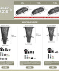 Waterproof Bike Saddle Bag 10L For Road And Mountain Biking shown in fold and unfold dimensions with storage examples