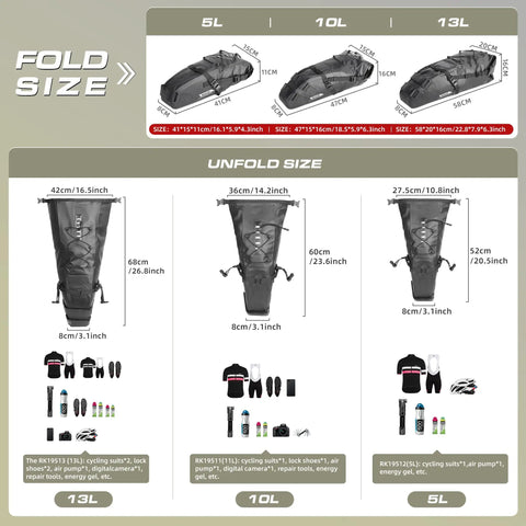 Waterproof Bike Saddle Bag 10L For Road And Mountain Biking shown in fold and unfold dimensions with storage examples