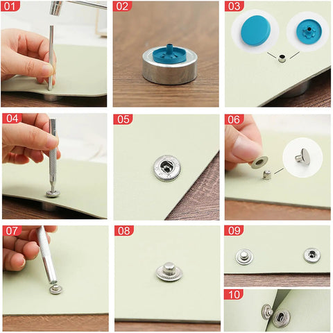 Step-by-step installation of the 120 Piece Leather Snap Button Kit With 15Mm Fasteners Includes 5 Fixing Tools 12 Color Options