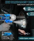 User holding Beefy 1/2 Inch Cordless Impact Wrench with 450 ft lbs torque, visible tire, and 4.0Ah battery.