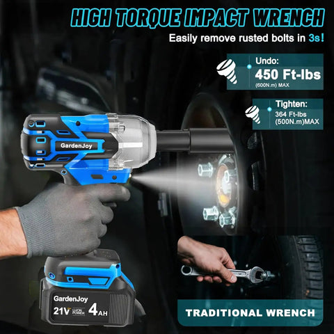 User holding Beefy 1/2 Inch Cordless Impact Wrench with 450 ft lbs torque, visible tire, and 4.0Ah battery.