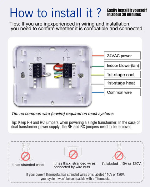 Wiring guide for No Fuss Non Programmable Thermostat For Home 1 Heat 1 Cool Single Stage System With Humidity Display