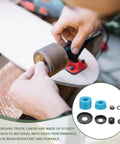 Person assembling Premium Skateboard Bushings And Truck Rebuild Kit With Hella Tough Washers and Pivot Cups Set In Durable Polyurethane Black.