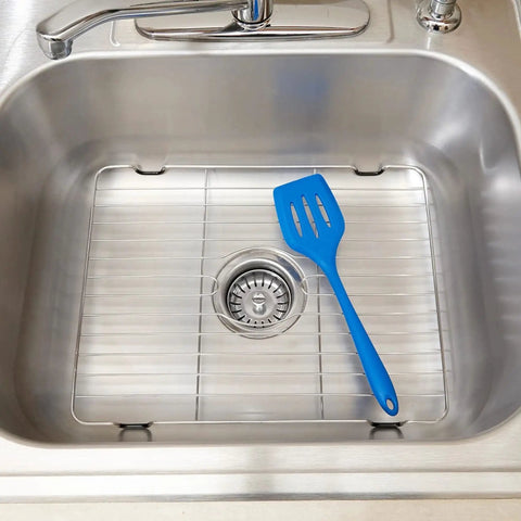 Premium Stainless Steel Sink Protector Grid, Rust-Resistant and Scratch-Prevention in sink with blue spatula, 16x12x1 inches