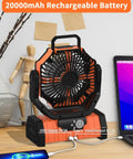 Must Have Camping Fan With 20000mAh Battery Pack Cordless Portable Outdoor Tent Fan on desk with charging cables.