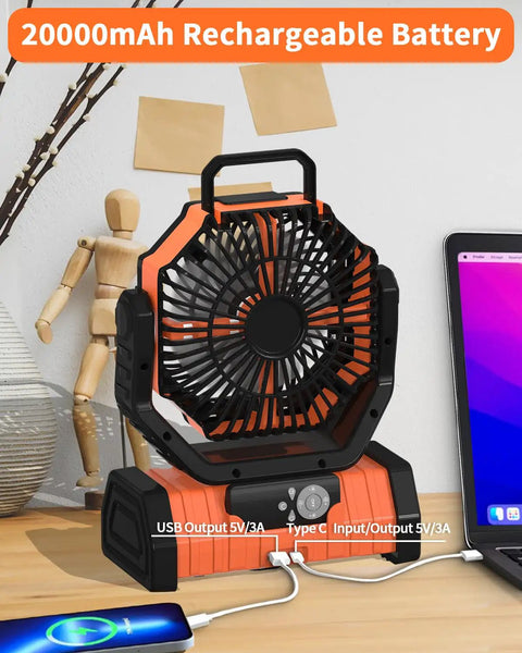 Must Have Camping Fan With 20000mAh Battery Pack Cordless Portable Outdoor Tent Fan on desk with charging cables.