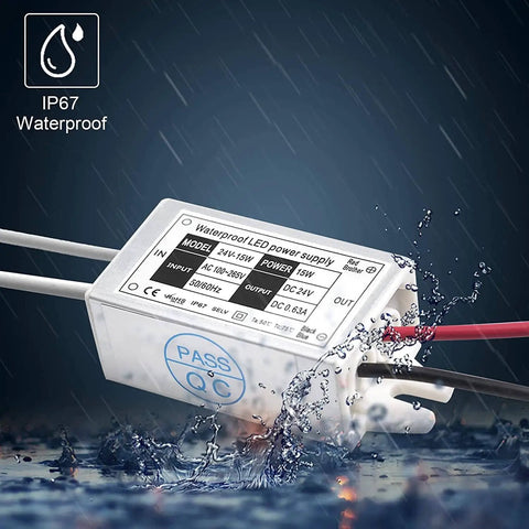 IP67 waterproof 24V LED power supply outdoor 15W DC converter shown with wires and droplets, for LED strip lights and CCTV cameras
