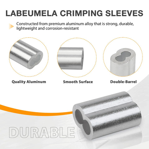 100 Pack Aluminum Hourglass Crimping Loop Sleeves For 3/32 Inch Wire Rope, durable aluminum double-barrel design.