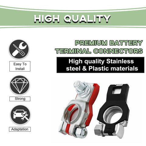 Top Shelf Battery Terminal Connectors For Nissan Altima Maxima Sentra Owners, red and black clamps made of stainless steel and plastic.