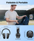 Foldable & portable ear muffs being placed in backpack, diagram showing dimensions for 2 Pack Ear Protection Muffs NRR 35dB Hearing Protection Noise Canceling Over Ear Muffs With Adjustable Headband For Shooting Range Hunting And Loud Work Environments All Day Comfort With Soft Foam Cups And Durable Lightweight Design