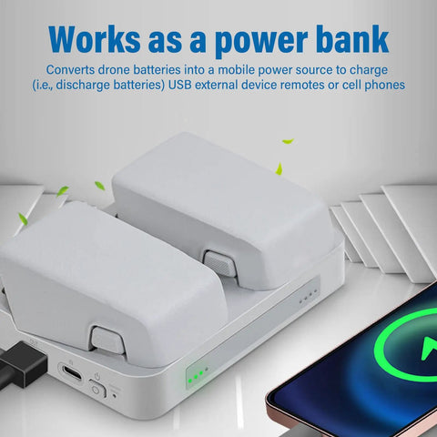 Two Way Dual Battery Charger Hub for Drones, 60W Fast Charging Station with LED Indicator and two batteries inserted